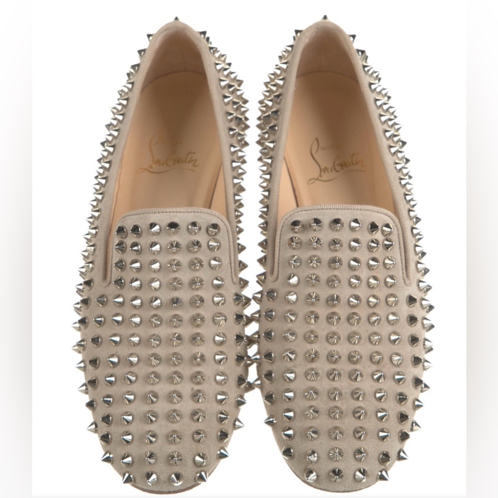 Christian Louboutin Tan Loafers with Silver Spikes